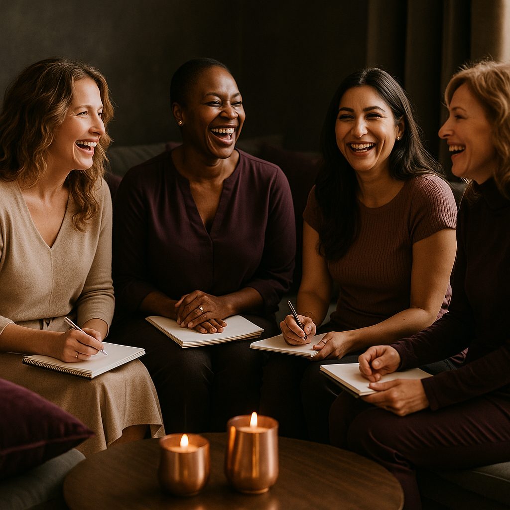 Women laughing together in a group coaching session