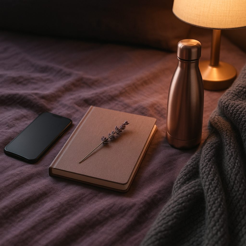 Calm evening self-care with journal and water bottle