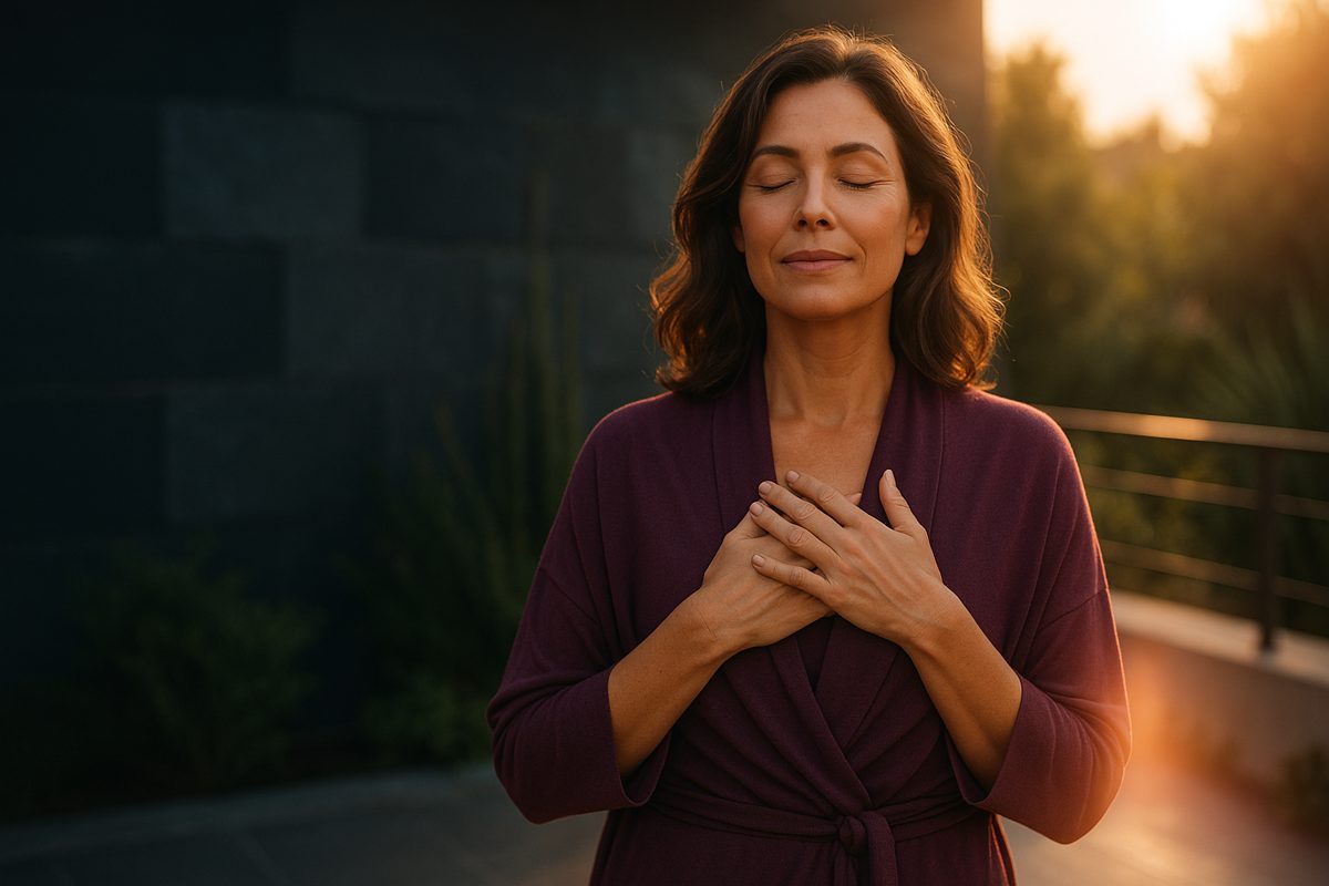 Woman taking a calm breath at golden hour